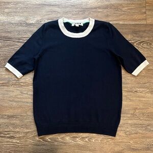 Boden Navy Catriona Cotton Crewneck Short Sleeve Sweater Cream Trim Size XS